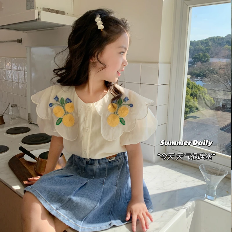 【现货】【夏日生花】韩版翻领娃娃领绣花衬衫夏季女童泡泡袖女宝儿童