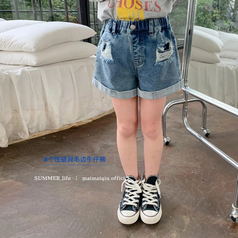 【现货】女童破洞卷边牛仔短裤夏季洋气百搭童装休闲裤女宝