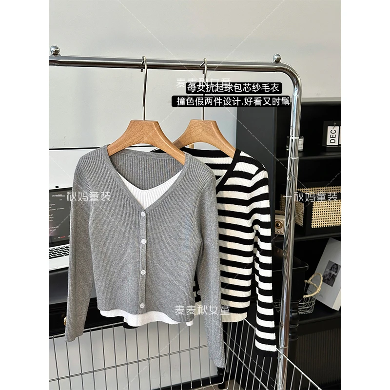 麦麦秋【现货-母女假两件V领针织上衣+百搭气质显瘦】秋季针织衫