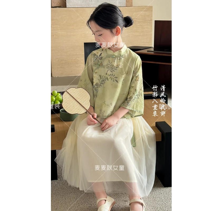 麦麦秋【现货-清婉绿色新中式套装裙+配色清爽解腻】女童夏连衣裙
