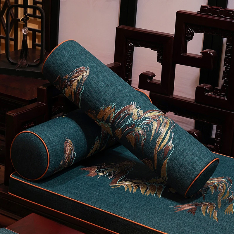 【合】新中式国风家用防滑长条枕手枕古典刺绣靠手枕圆柱体可拆洗款