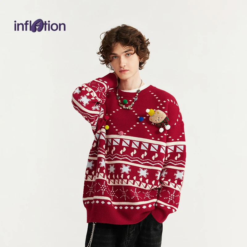 膨胀潮牌圣诞节日玩偶套头毛衣2024秋冬宽松休闲针织衫明星同款