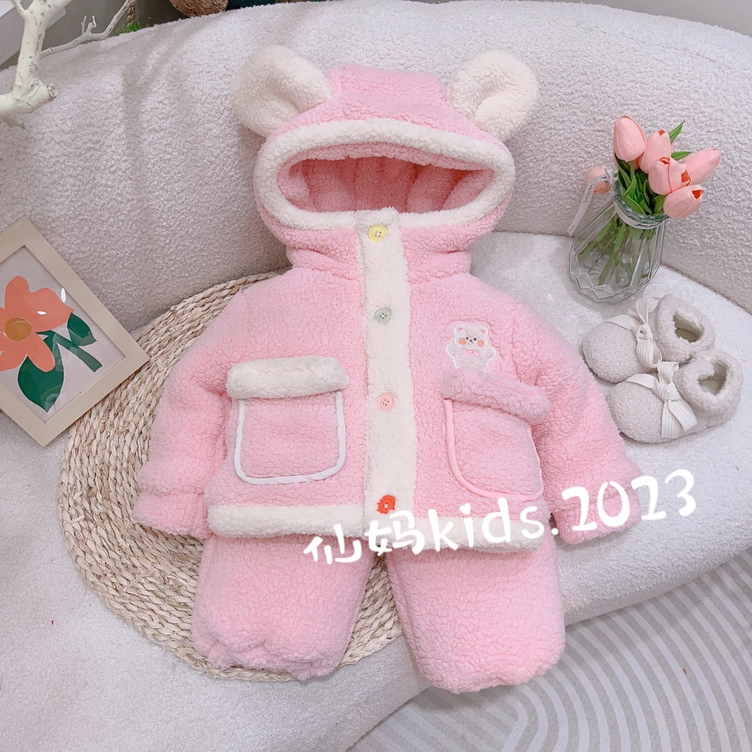 【仙妈童品3现货】冬季新款粉色三层夹棉加绒加厚立体小熊套装