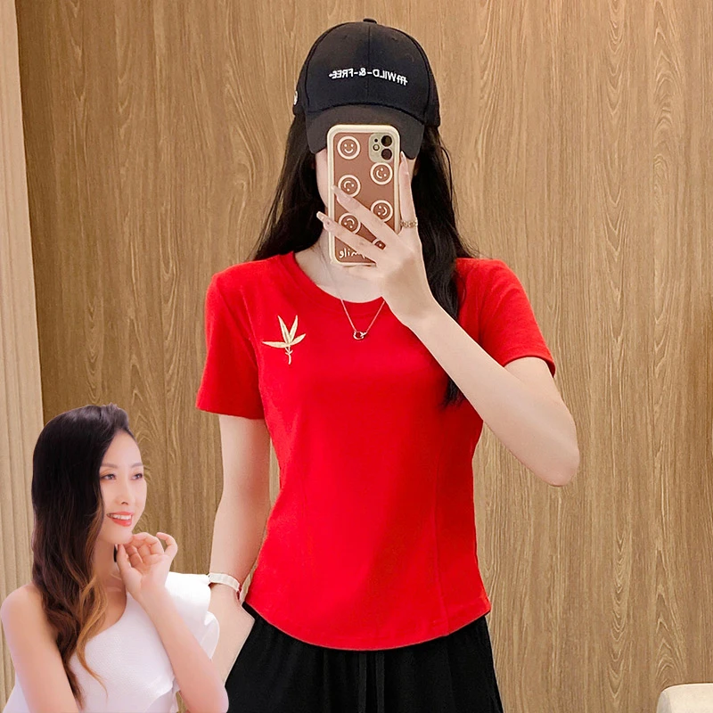 【龙妹专属】XVRV新款宽松夏季刺绣鱼骨收腰短袖运动时尚百搭T恤