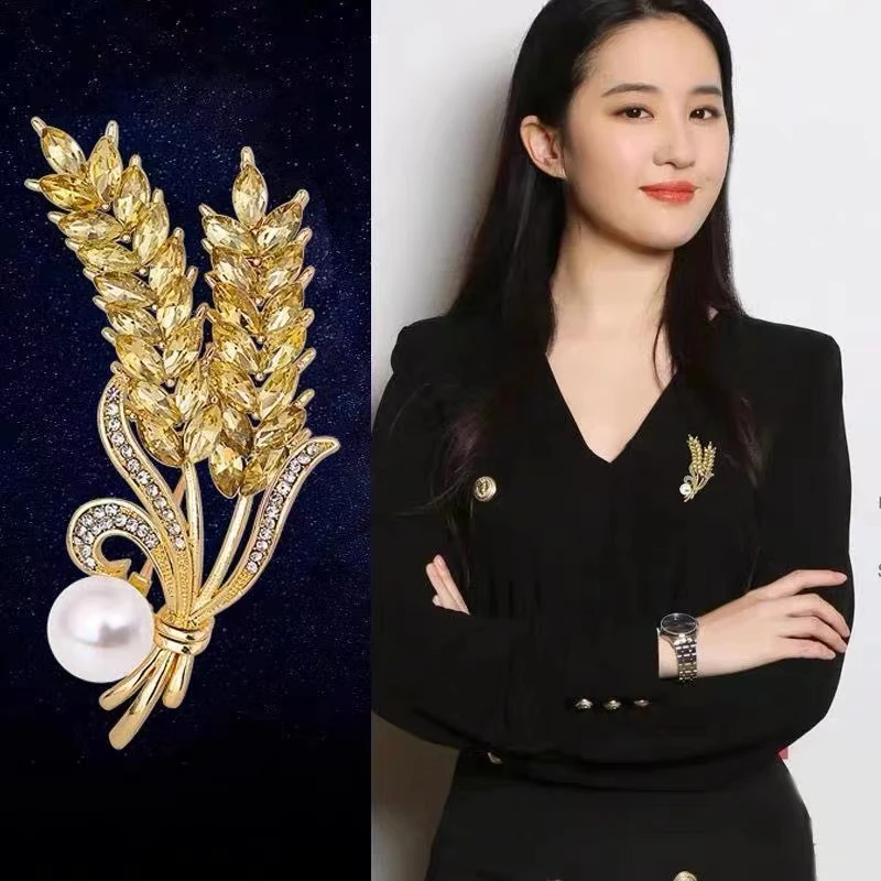铜合金合成锆石胸针 高档奢华金色两头麦穗胸花穗穗平安精致别针