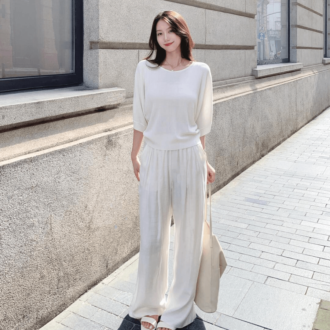 【布尔乔亚】休闲气质简约高级温柔显瘦上衣新款百搭阔腿直筒裤子
