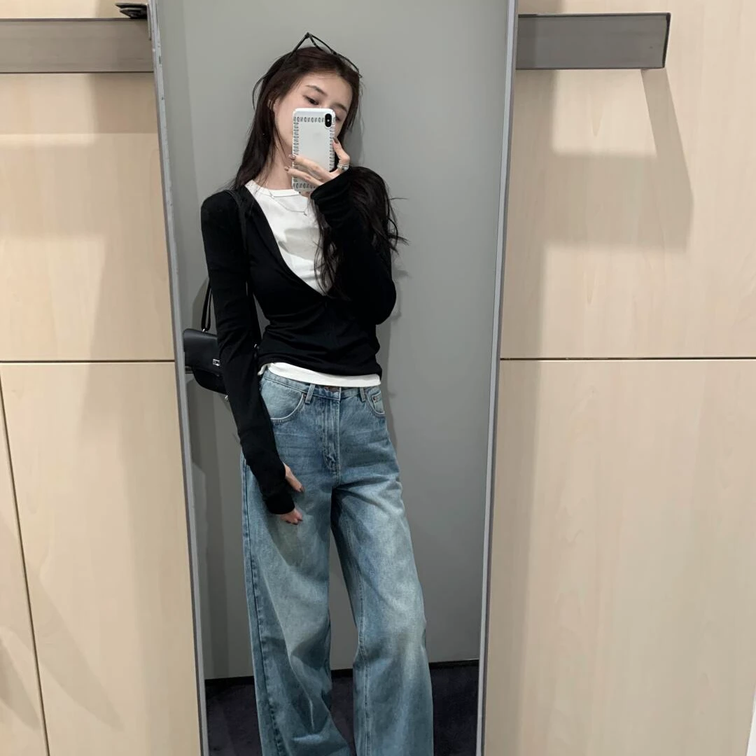 女生开春衣服新款时尚百搭气质显瘦假两件上衣显瘦牛仔裤小众女装