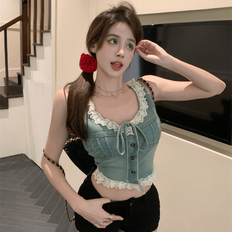 2024新款设计感辣妹拼接蕾丝牛仔背心女时尚修身百搭气质短款吊带