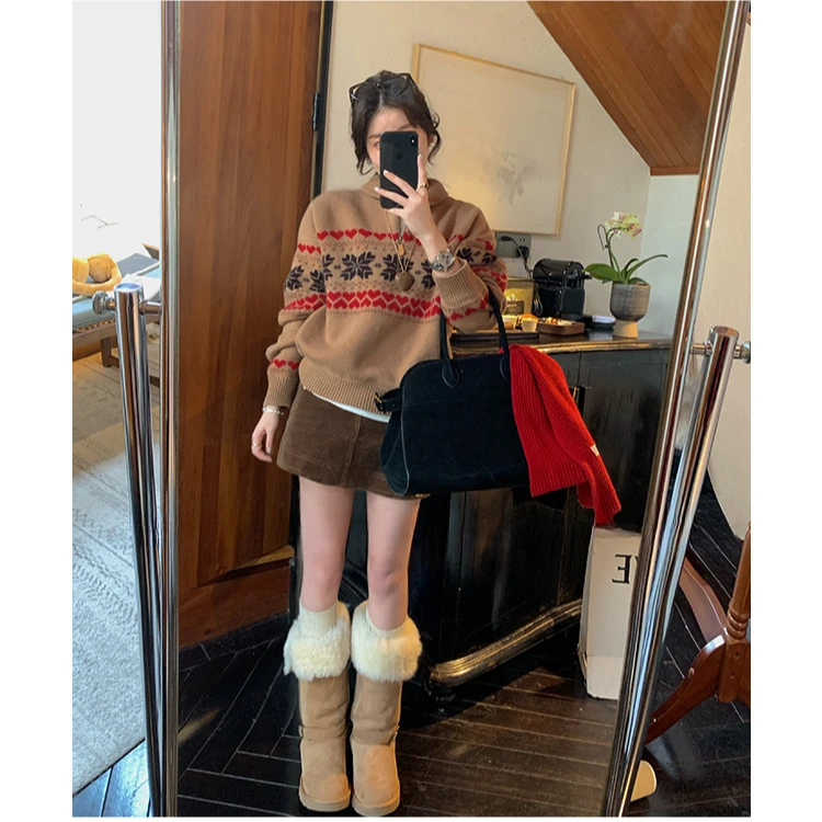 时尚设计感常规款女复古网红针织圆领套头长袖女装上衣小众短裙