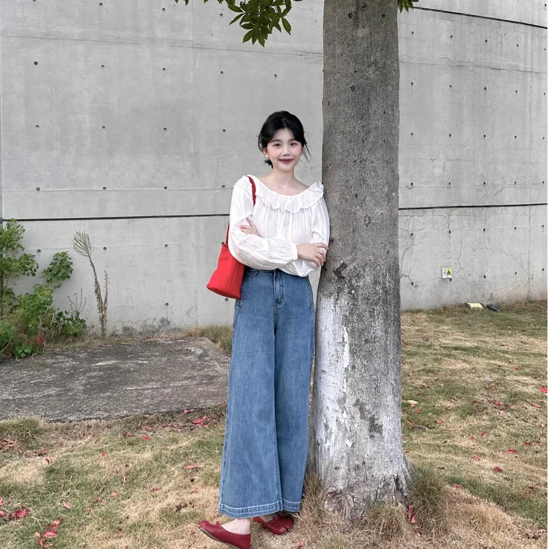 【港口茉莉】韩版森系仙气设计感显瘦长袖上衣宽松通勤百搭显瘦裤子