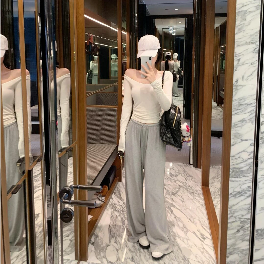 【美丽诺言】早秋时髦新品简约性感纯欲长袖百搭上衣宽松运动裤子