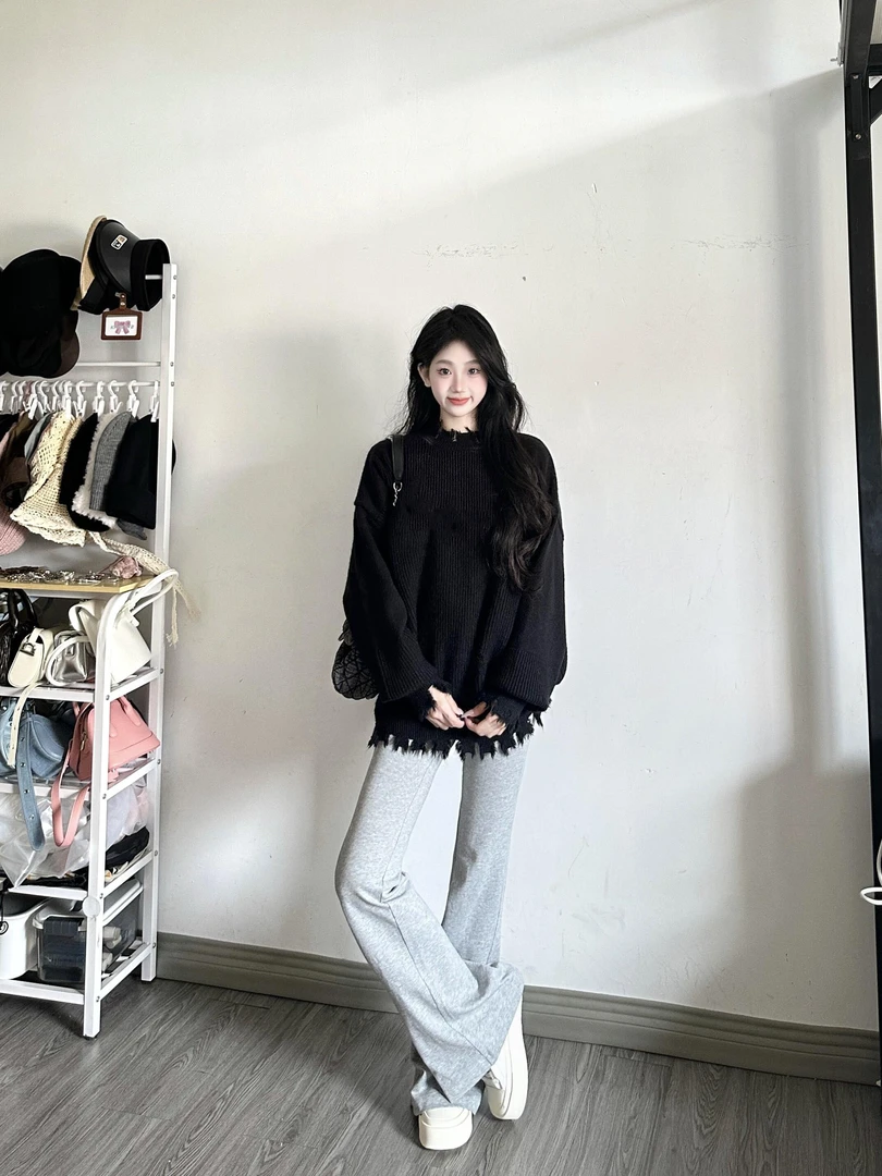 【眉淡如烟】秋冬新款气质时尚简约舒适长袖上衣宽松修身显瘦裤子