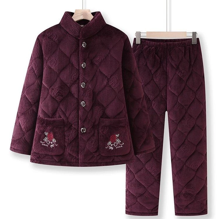 冬季洋气加绒保暖中老年妈妈装家居服套装老年人冬天加厚奶奶睡衣