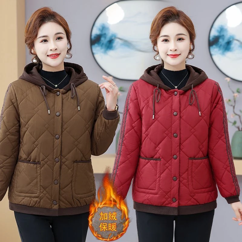 冬季新款连帽妈妈装短款加绒棉服棉袄时尚中老年女士休闲棉衣外套