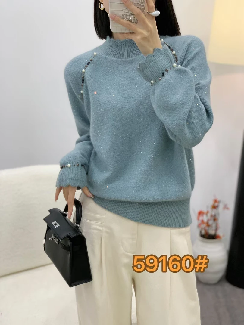 2024秋冬新款浣熊亮片半高领钉珠百搭时尚内搭打底针织衫