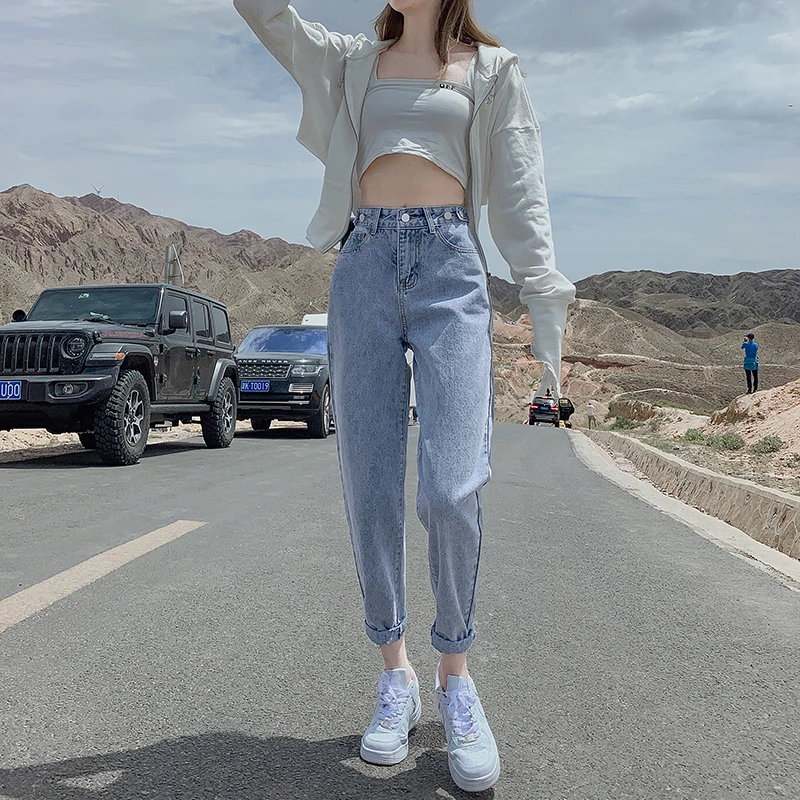 夏季高腰哈伦牛仔裤女2023新款时尚腰部可调节宽松显瘦老爹萝卜裤