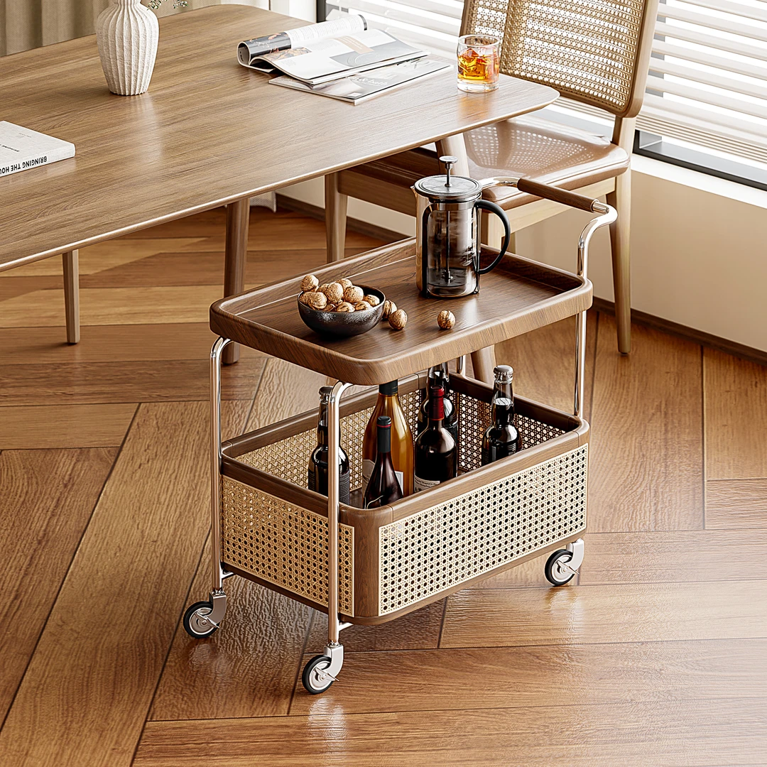 棠克北欧实木边几黑胡桃收纳小推车长方形可移动家用藤编置物边柜