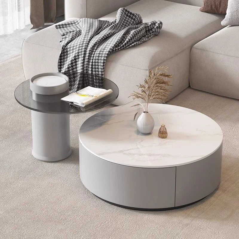 岩板茶几客厅家用轻奢现代简约小户型意式网红圆形玻璃边几桌组合