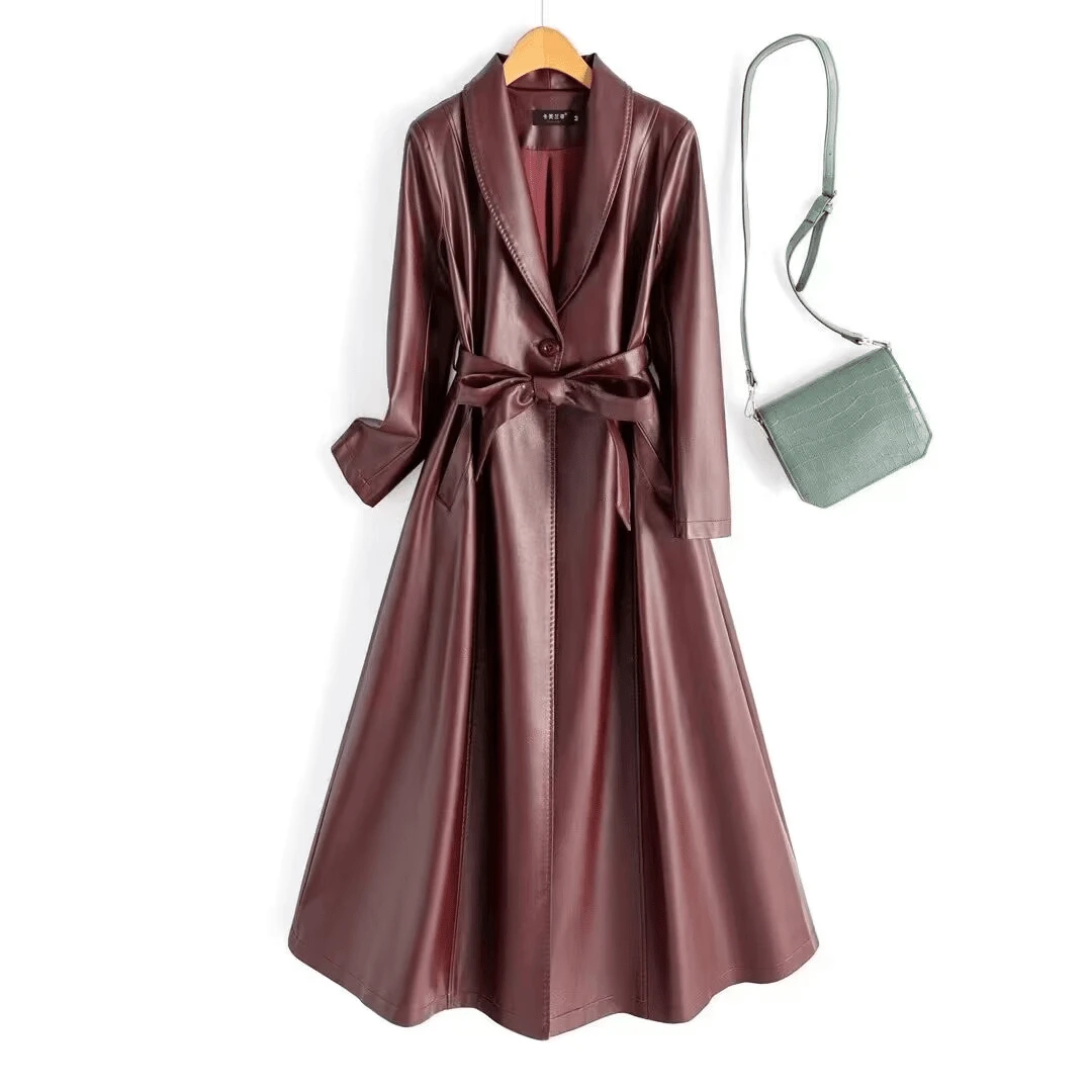 海宁皮衣女过膝长款皮风衣大衣外套收腰显瘦气质轻奢春秋时尚