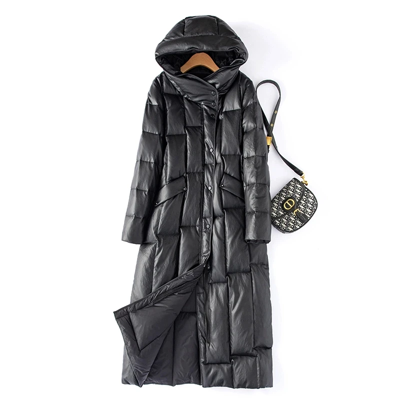 海宁皮羽绒奢华风秋冬季90白鸭绒女士保暖长款时尚连帽羽绒服修身