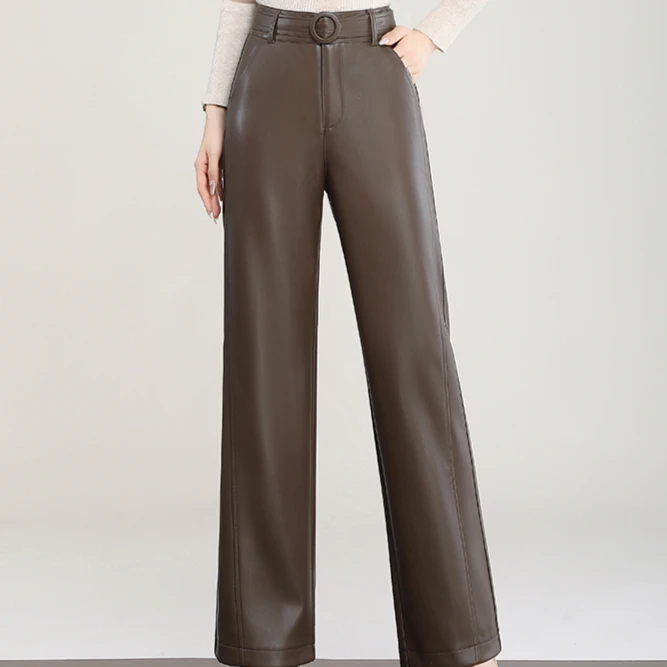 春秋海宁皮裤子垂感女装直筒阔腿裤长裤高腰显瘦垂感直筒裤百搭