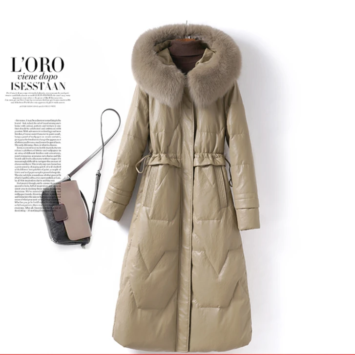 海宁皮衣皮羽绒服女外套狐狸毛领长款时尚收腰加厚保暖大毛领修身