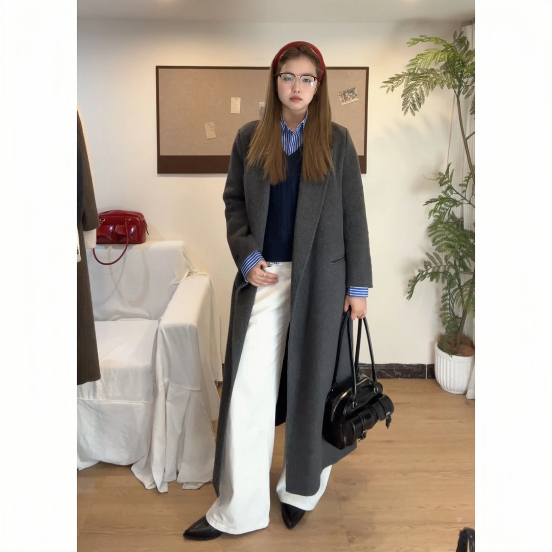 秋冬新款戗驳领气质百搭时尚轻奢宽松爆款毛呢系带显瘦双面呢大衣