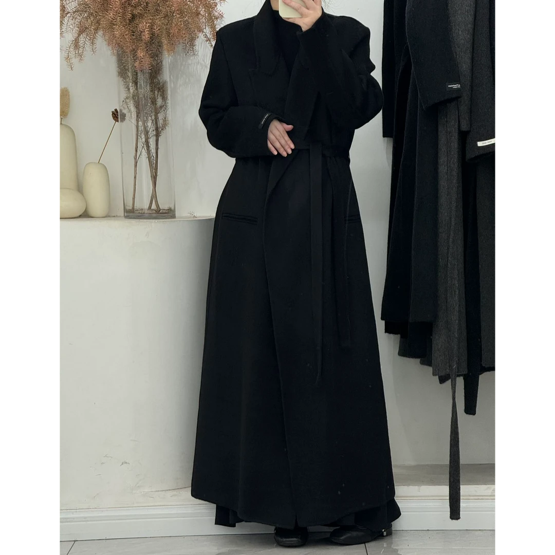 秋冬新款戗驳领气质百搭时尚轻奢宽松爆款毛呢系带显瘦双面呢大衣