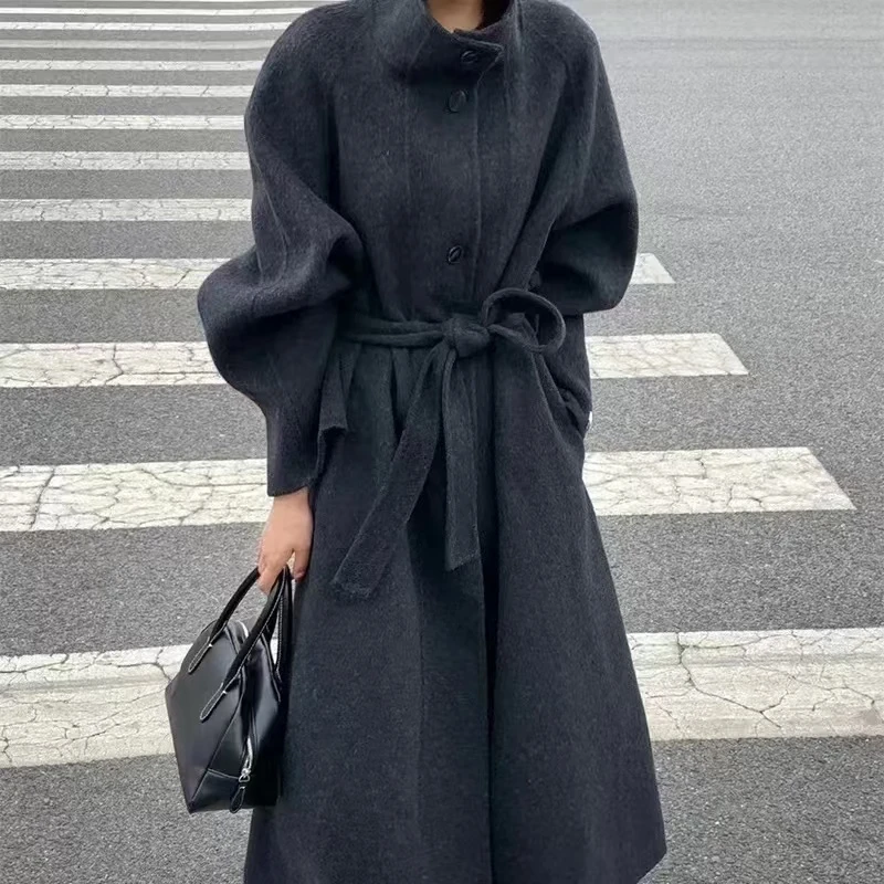 秋冬新款气质百搭时尚宽松设计师米白色大衣系带显瘦双面呢大衣