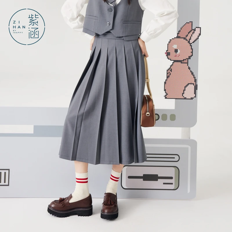 【千颂妮专享】紫涵灰色高腰A字百褶半身裙Z4Z01BS260