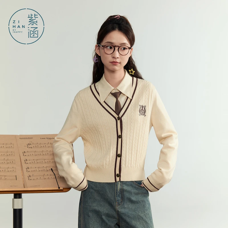 【千颂妮专享】紫涵学院风V领针织开衫女毛衣Z4Z08AS397