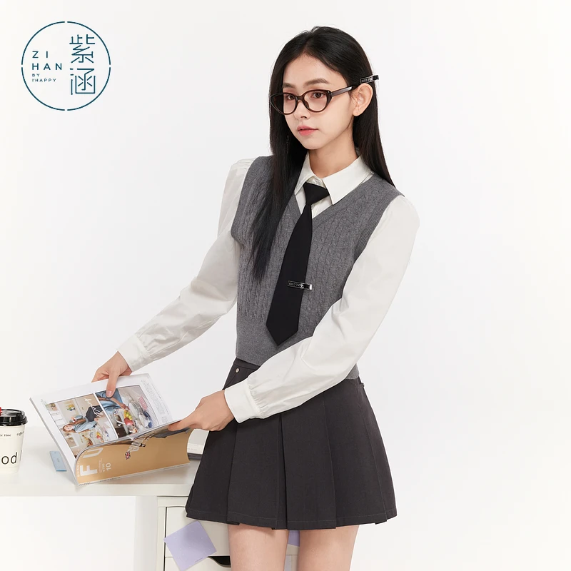 【千颂妮专享】紫涵假两件短款背心衬衫女Z4Z08JS725