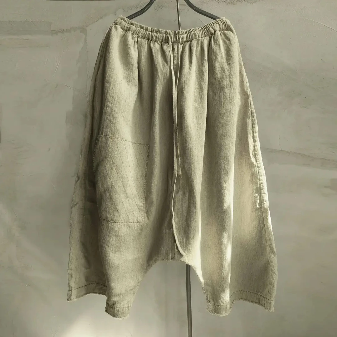 苏沐布衣沉香布衣草堂 原创吊裆裤不规则禅意休闲裤补丁手工线