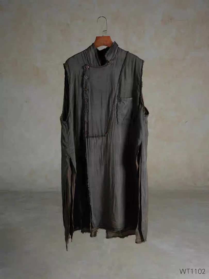 沉香布衣草堂 几见WT1102 柞蚕丝棉长款马甲开叉外套春夏