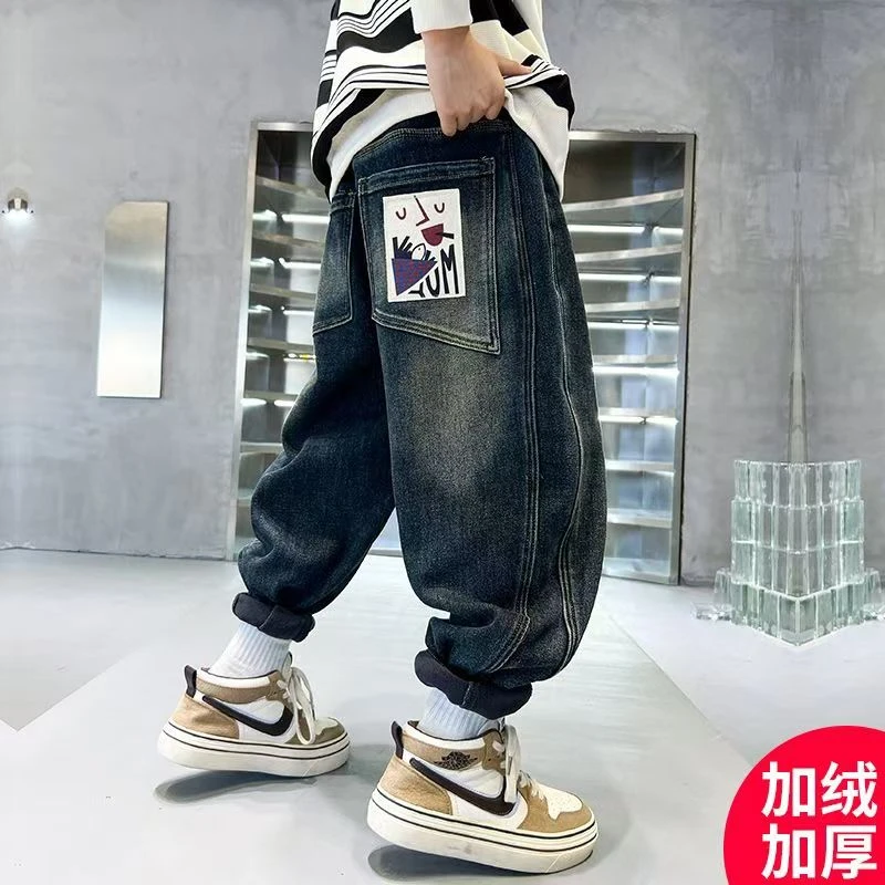 加绒~男童加绒冬款牛仔裤男孩贴布口袋老爹裤潮188