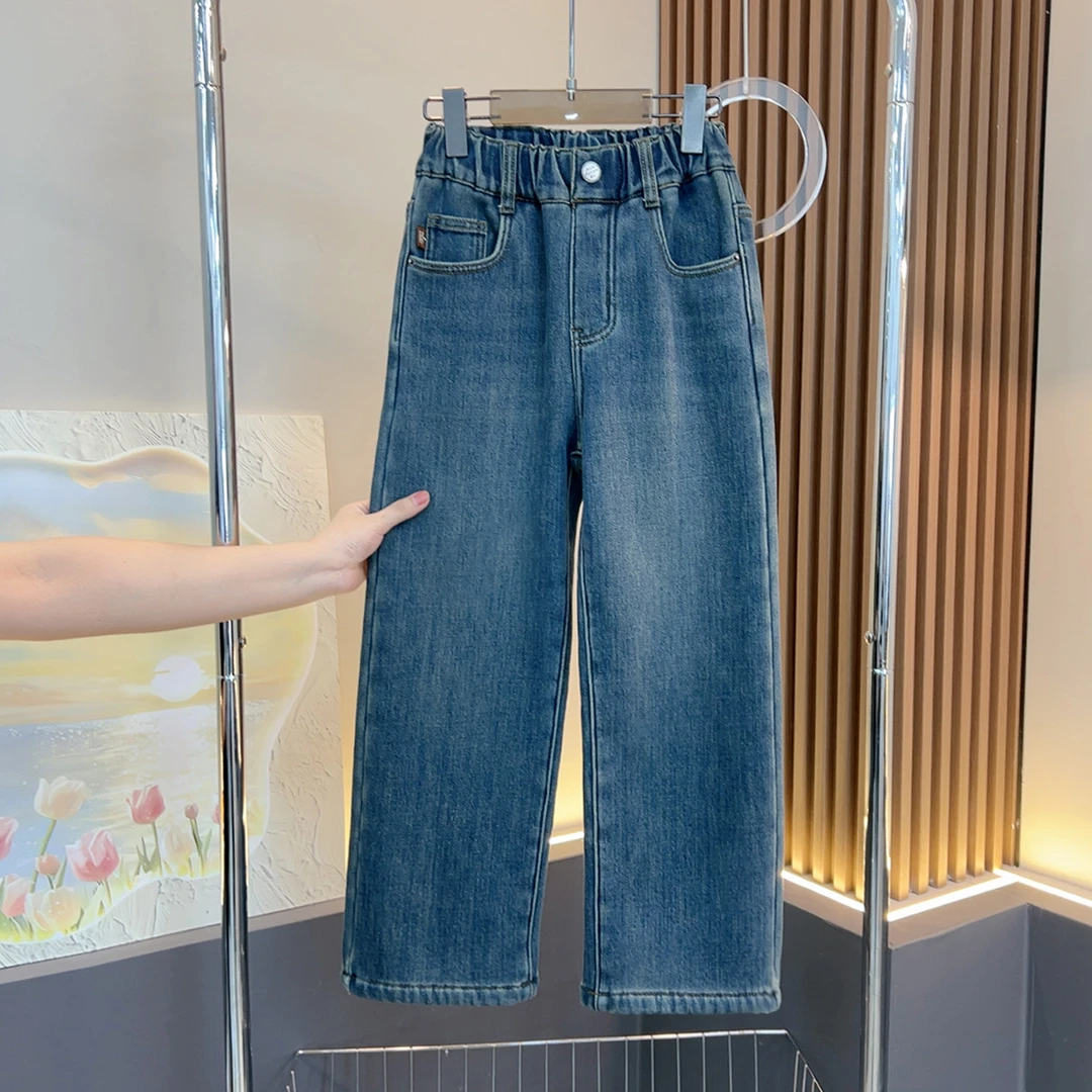 加绒弹力~女童2024新牛仔阔腿裤加厚一体绒显瘦时髦直筒裤1206