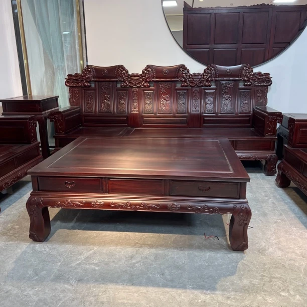 阿明家具-大奔雕花大户型新中式大器家用沙发123古典实木六件套