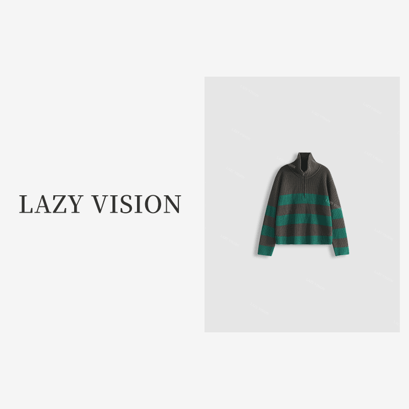 【LAZYVISION】经典休闲宽松条纹撞色半拉链黑白拼色毛衣 ZMD-11077