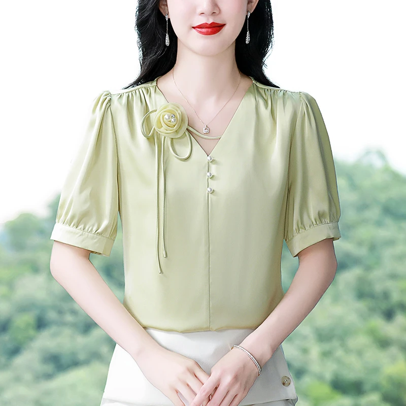 醋酸缎面衬衫女装短袖衬衣夏季新款v领时尚上衣妈妈洋气小衫大码