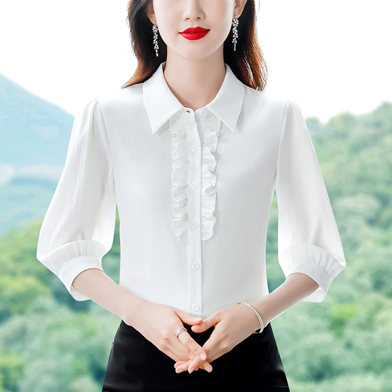 衬衫女2024春夏秋新款洋气女士七分袖衬衣时尚百搭显瘦气质上衣