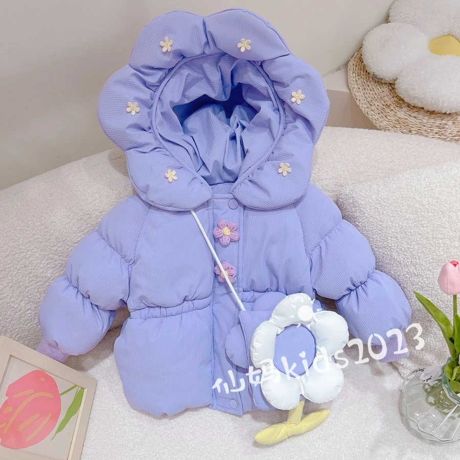 XM01冬季新款女童韩版紫色太阳花加绒加厚连帽棉服保暖中长款女宝