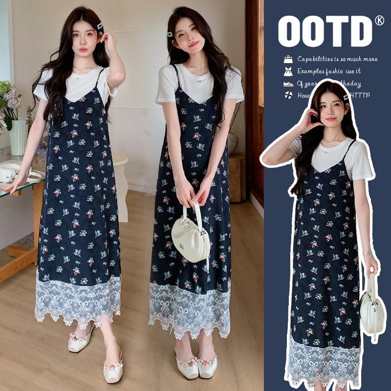 mimi~时尚孕妇装2024夏季甜美碎花蕾丝花边小裙子+打底短袖