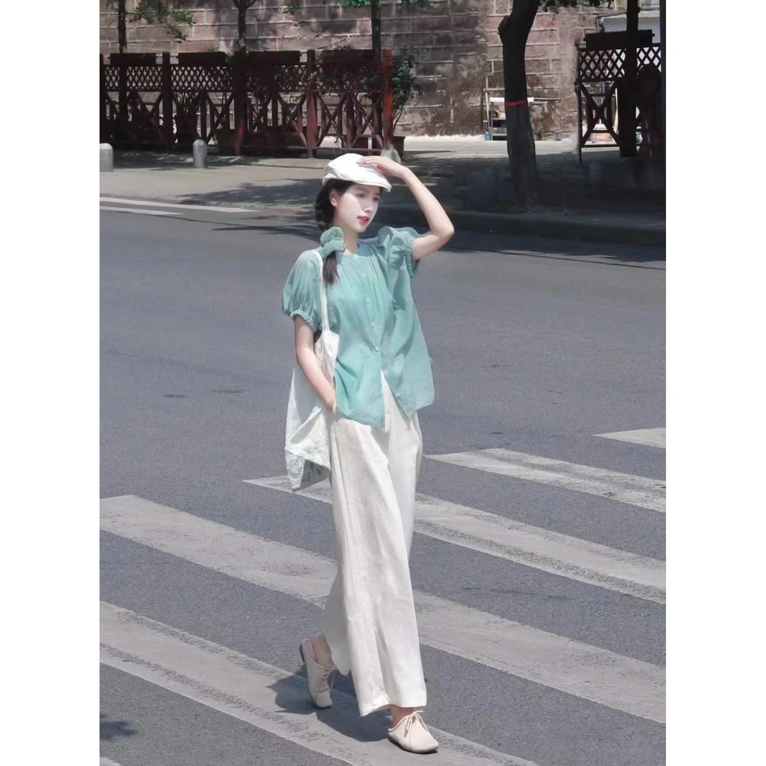 mimi~时尚孕妇装网红减龄盐系穿搭轻熟气质衬衫+猪鼻扣休闲裤