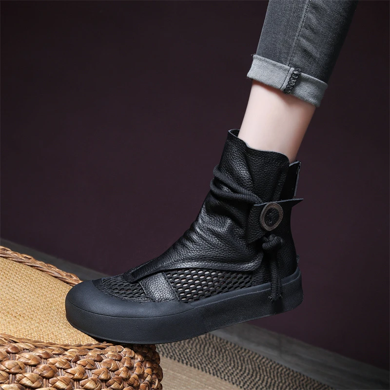 原创真皮凉靴女2024年春夏新款复古头层牛皮中跟镂空罗马包头凉鞋