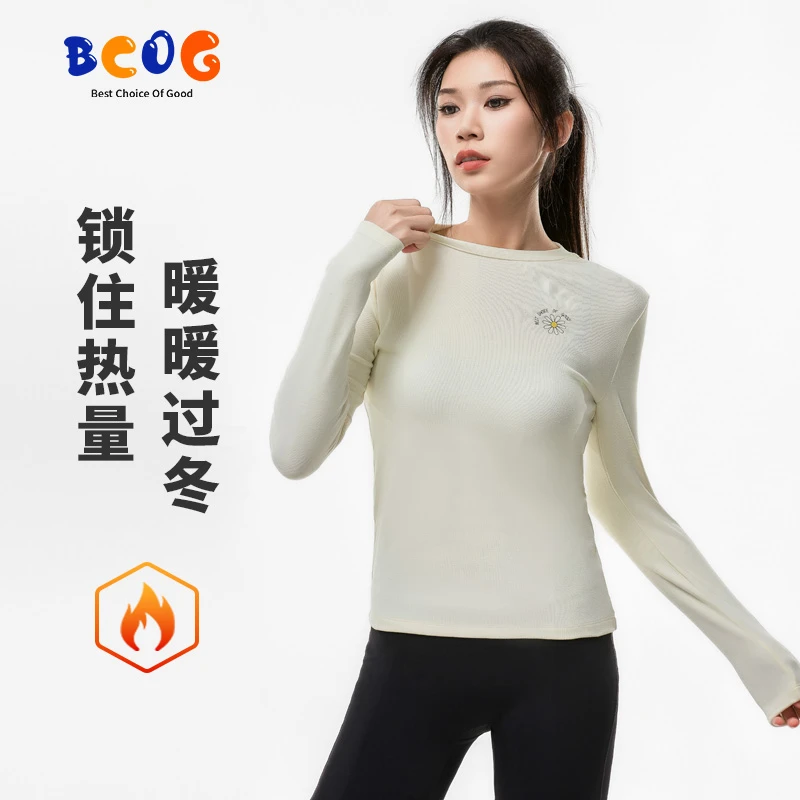 运动T恤加绒女长袖圆领保暖打底衫肌底衣套头衫德绒潮流印花健身