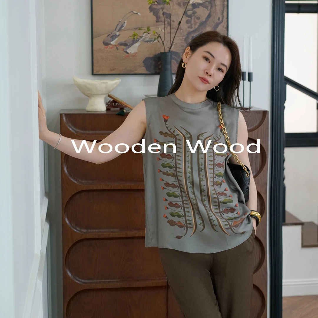 Wooden Wood“镜花缘”高端气质后背镂空印花桑蚕丝设计上衣P75735