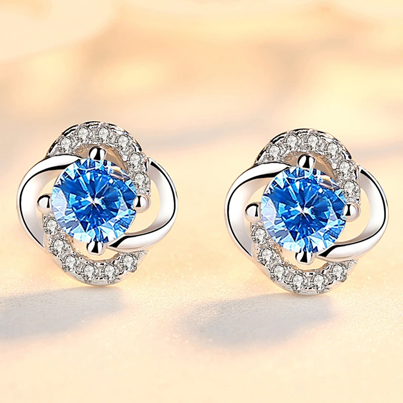 足银耳饰 999纯银四叶草耳钉女款网红防过敏简约镶钻送女友情人节