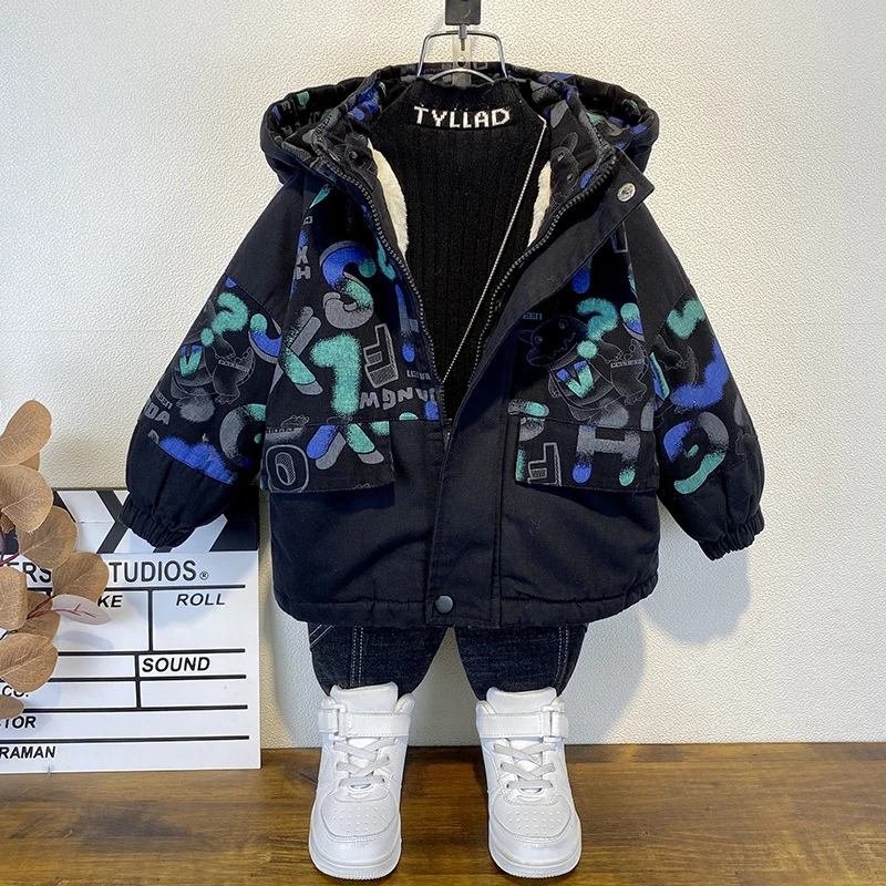 男童加绒外套2024新款加厚棉袄洋气宝宝棉衣男童棉服儿童冬季外套