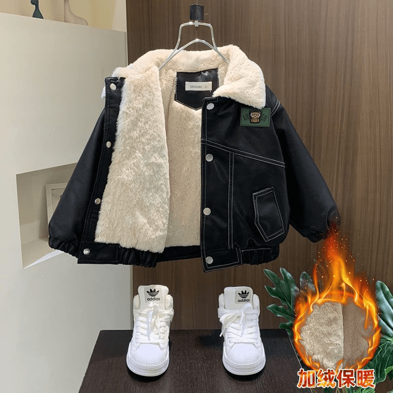 男童加绒厚外套2023新款痞帅宝宝冬季洋气棉衣服小儿童秋冬装皮衣