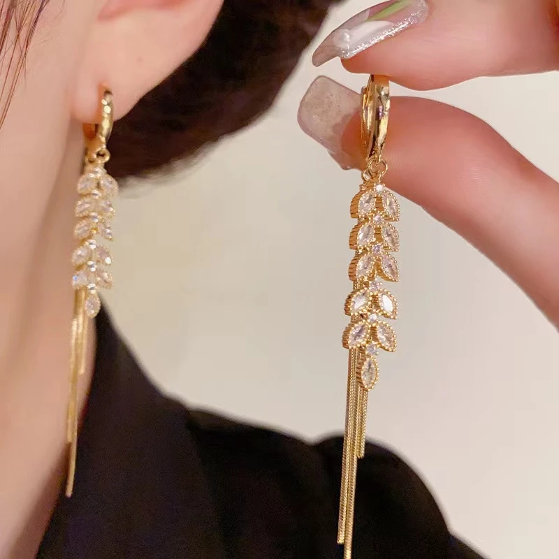 铜合金合成锆石耳饰 新款时尚麦穗锆石长款流苏耳扣755